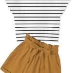 Girls 2 Piece Outfit Drop Shoulder Sleeve Tops Paperbag Shorts Set