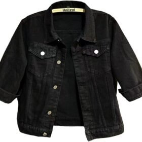 Women's 3/4 Sleeve Colored Cropped Denim Jacket Light Wash Short Jean Jacket Trucker Coat