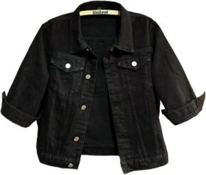 Women's 3/4 Sleeve Colored Cropped Denim Jacket Light Wash Short Jean Jacket Trucker Coat