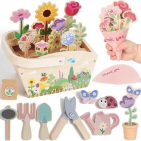 Wooden Pretend Play Toys for Kids, 22Pcs Flower Garden Playset